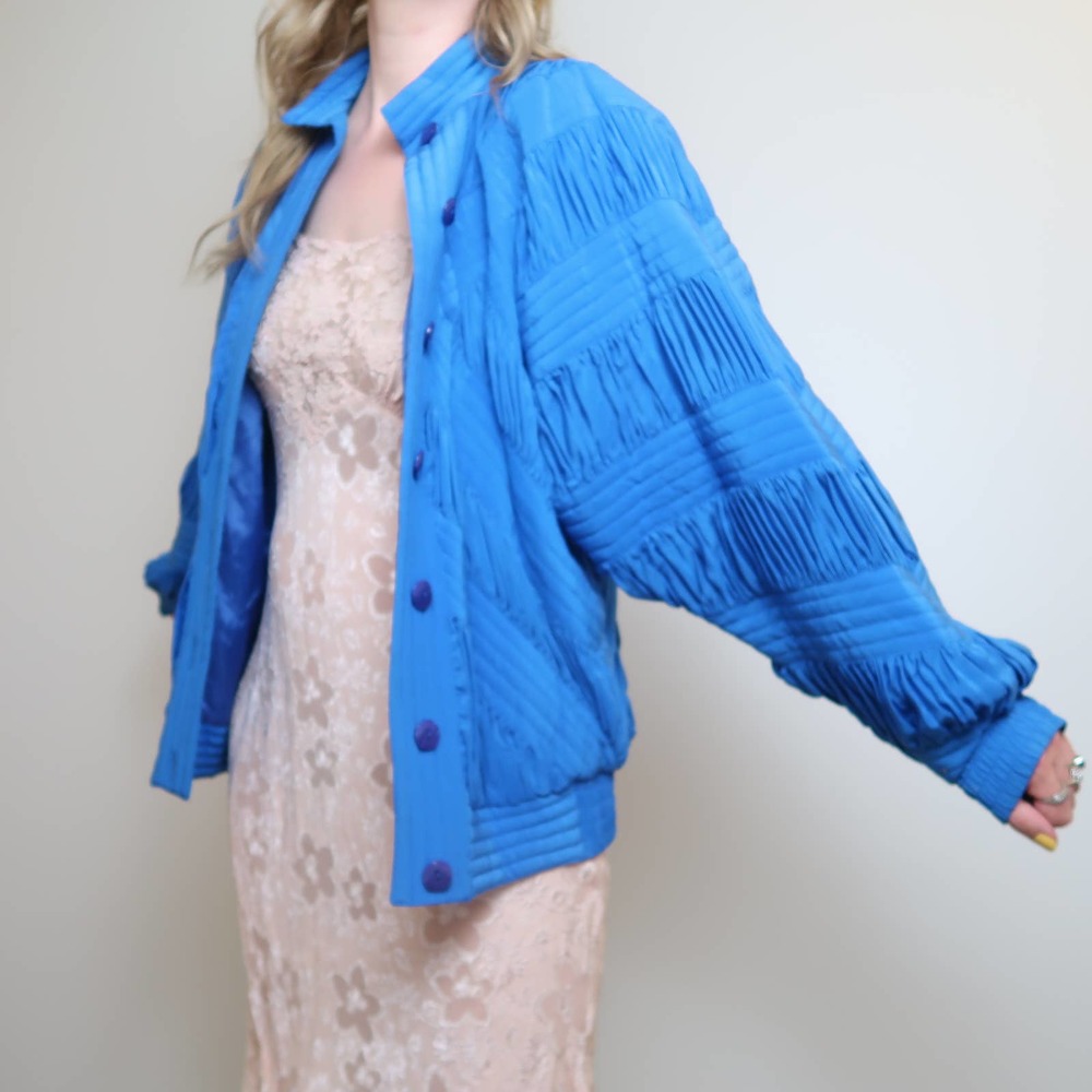 Vintage 80s Perlita blue silk ruched track jacket - Picture 6 of 8